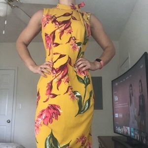 Maggy London Mustard Sheath Dress with bow neckline Size 4